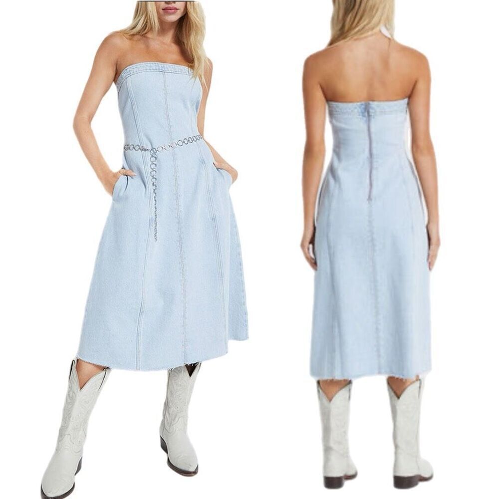 NWT WeWoreWhat Denim Strapless Midi Dress in light blue. Size 2